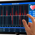 **A person connected to biofeedback sensors, looking at a screen displaying their heart rate variability (HRV) data, with a peaceful, focused expression.** *(Focus: Technology meeting well-being, calm and control)*