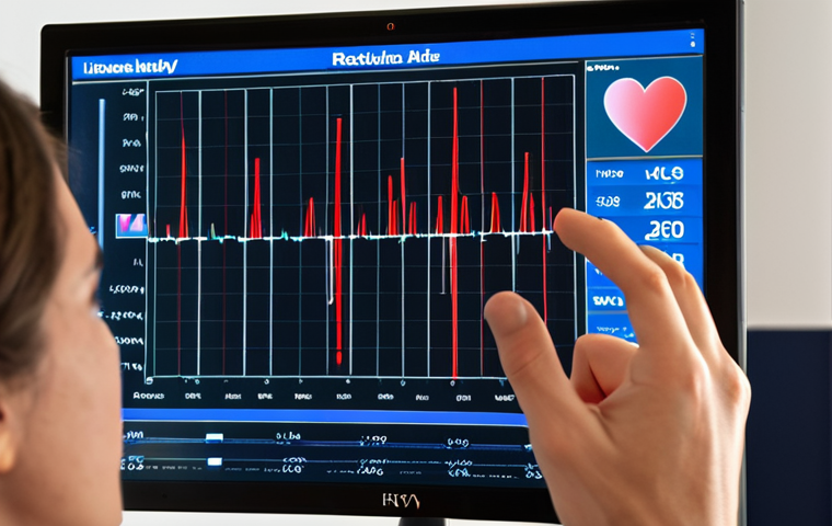 **A person connected to biofeedback sensors, looking at a screen displaying their heart rate variability (HRV) data, with a peaceful, focused expression.** *(Focus: Technology meeting well-being, calm and control)*