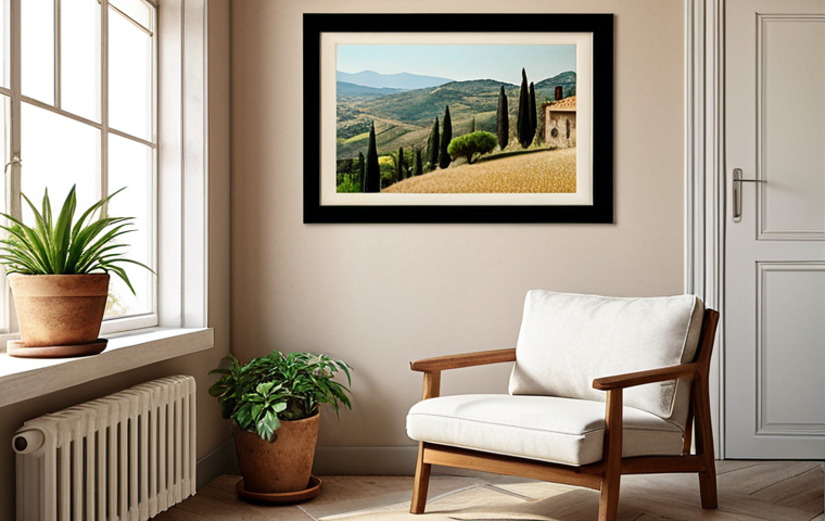 **

A tranquil room corner transformed into a personal sanctuary. Soft, natural light, a comfortable chair, a potted plant, and a framed landscape picture (Tuscan landscape). A feeling of calm and serenity.

**